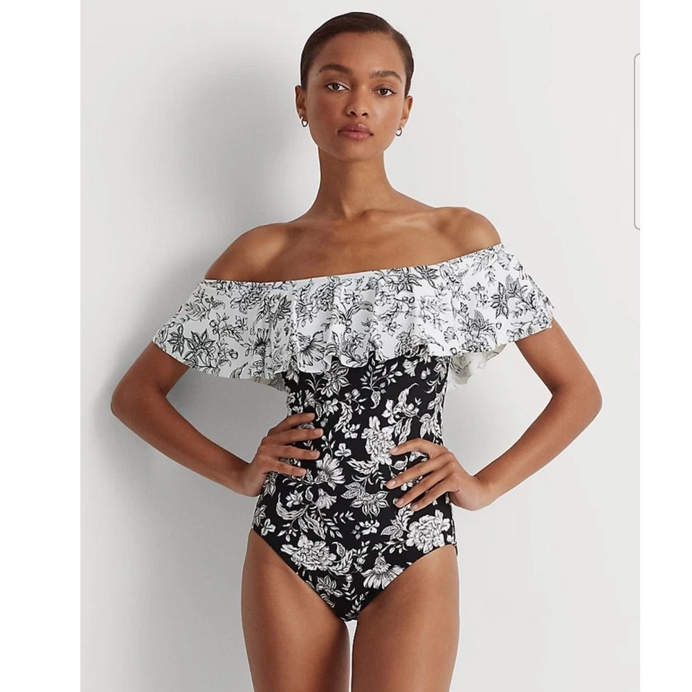 Lauren Ralph Lauren Womens Floral Off The Shoulder Ruffle One Piece Swimsuit